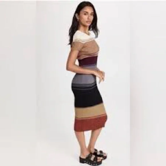 STAUD Colleen Colorblock Rib Sweater Dress Sahara Stripe Striped Midi Bodycon M - Picture 2 of 9